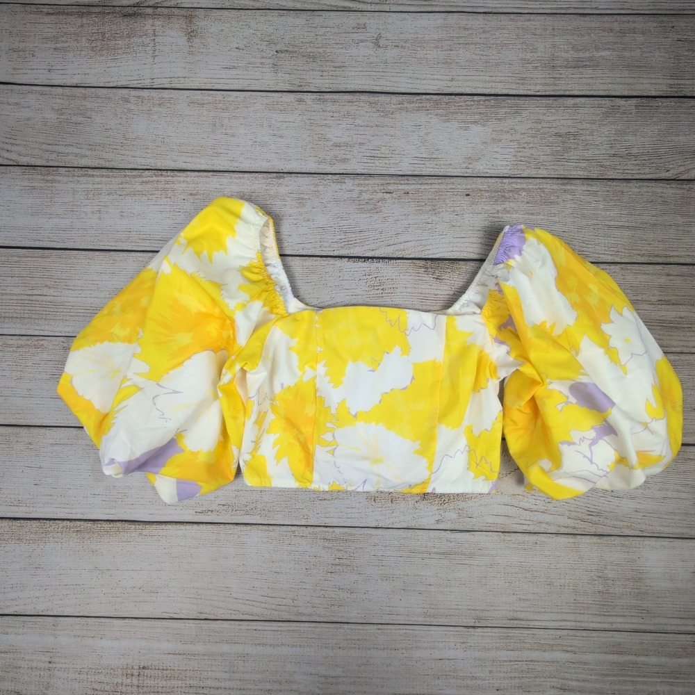 Fairyland Yellow Floral Puff Sleeve Square‎ Neck Crop Top Size S